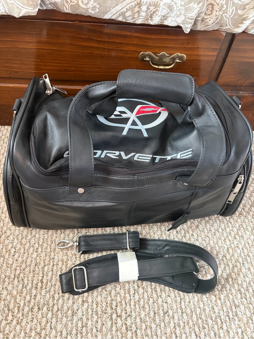 Vintage Corvette Black Leather Duffel Bag with Detachable Strap